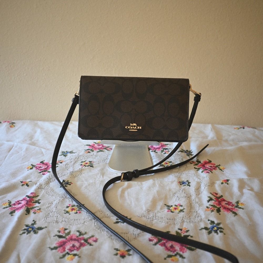 Coach Signature Canvas Flap Crossbody Bag Brown Black Gold Hardware